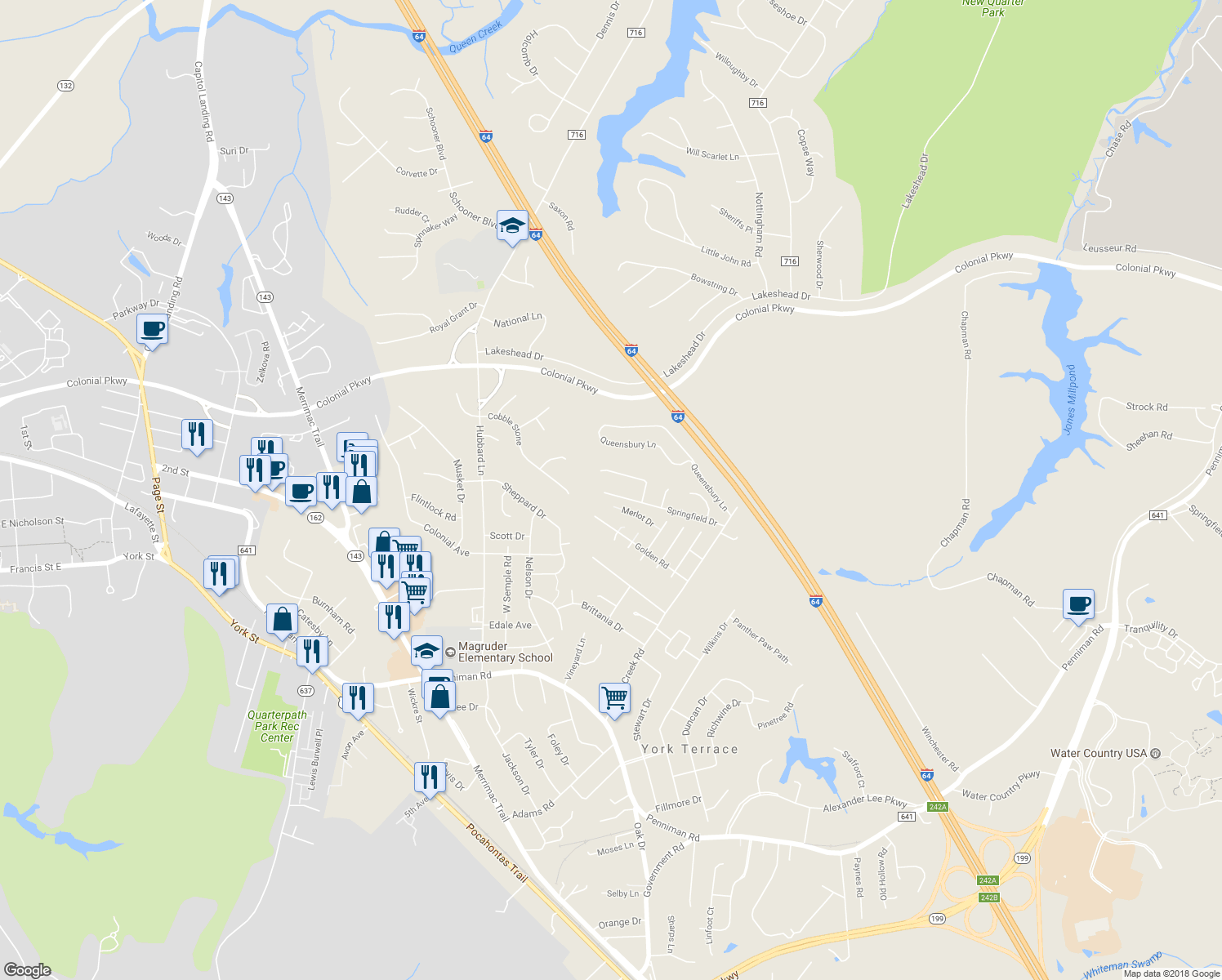 map of restaurants, bars, coffee shops, grocery stores, and more near 211 Springfield Drive in Williamsburg