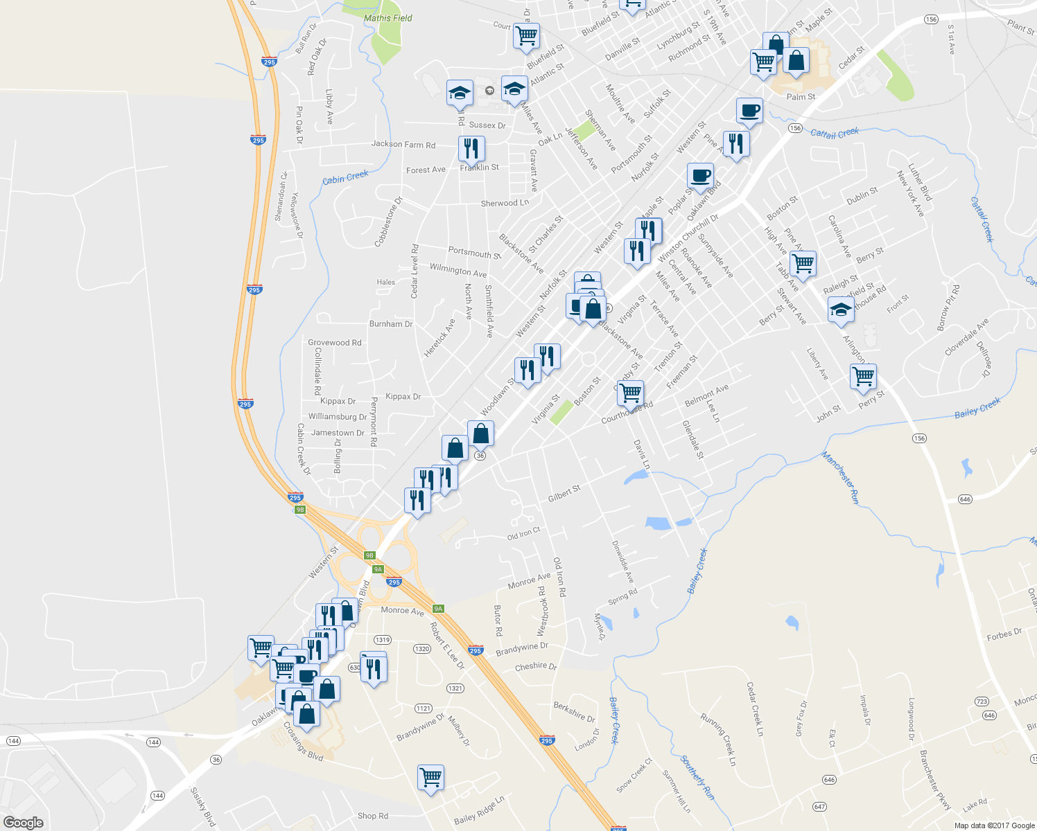 map of restaurants, bars, coffee shops, grocery stores, and more near 3608 Oaklawn Boulevard in Hopewell