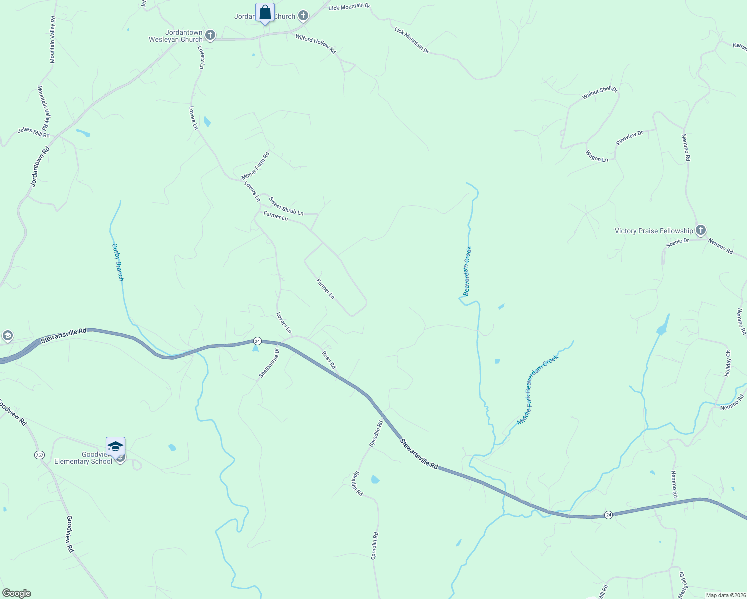 map of restaurants, bars, coffee shops, grocery stores, and more near 511-513 Farmer Lane in Vinton