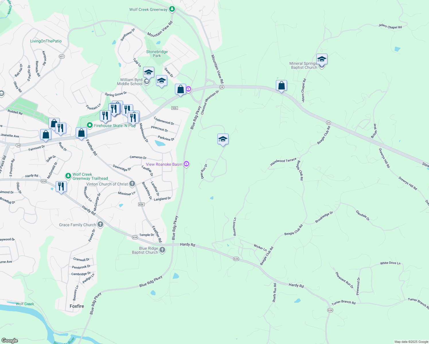 map of restaurants, bars, coffee shops, grocery stores, and more near 1236 Chestnut Mountain Drive in Vinton