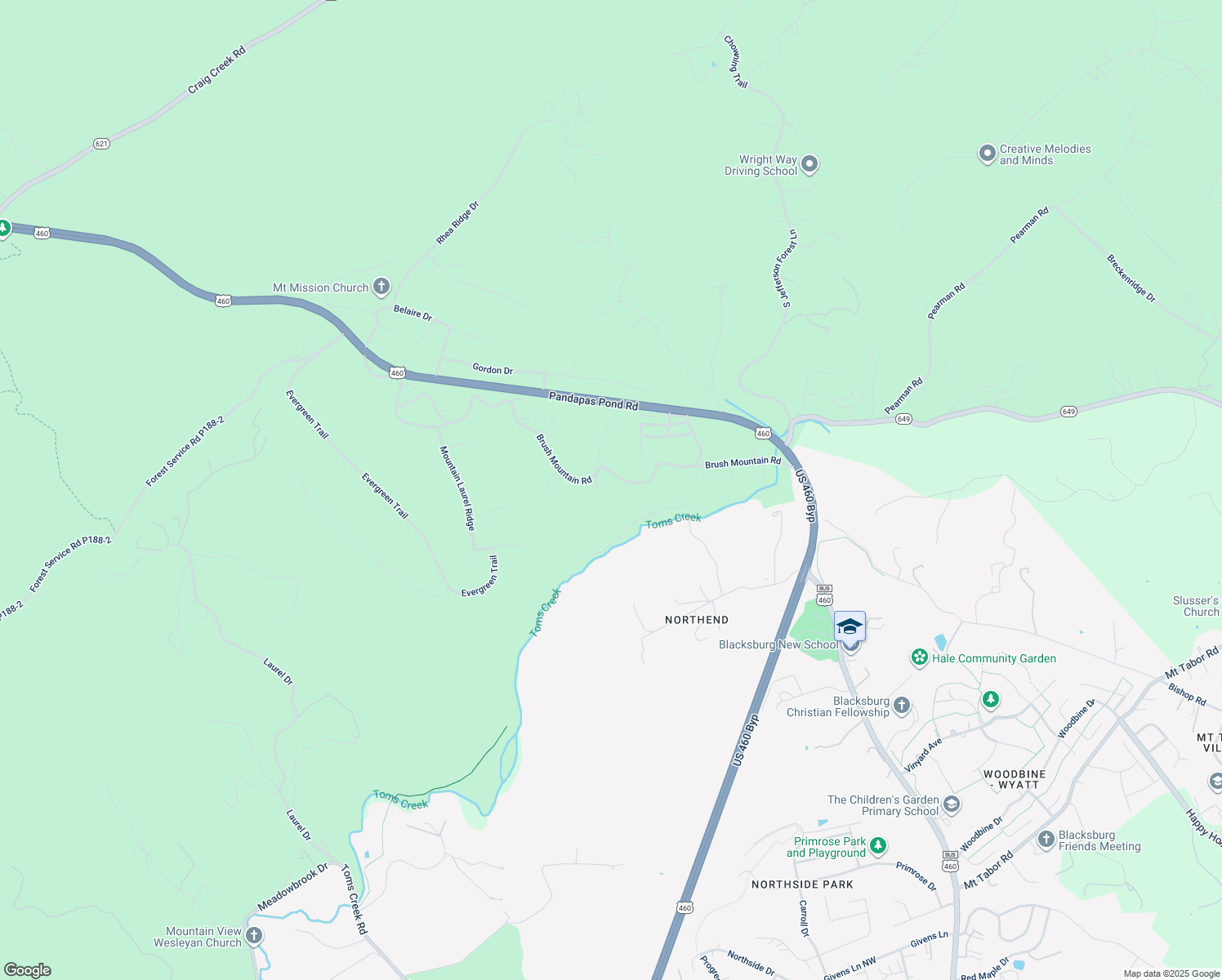 map of restaurants, bars, coffee shops, grocery stores, and more near 425 Brush Mountain Road in Blacksburg