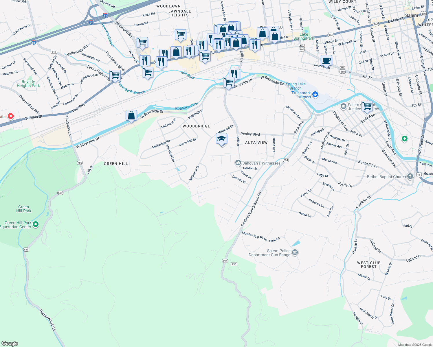 map of restaurants, bars, coffee shops, grocery stores, and more near 1707 Woodshill Ln in Salem