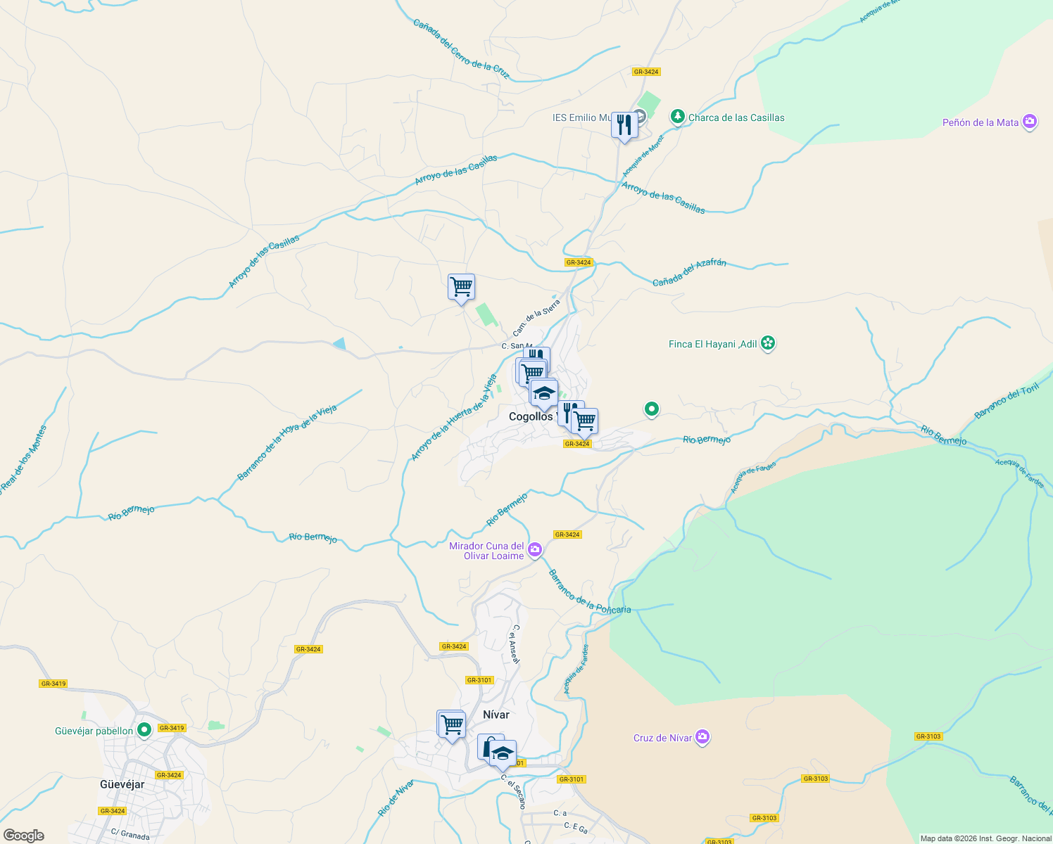 map of restaurants, bars, coffee shops, grocery stores, and more near 4 Calle Umbria Baja in Cogollos de la Vega