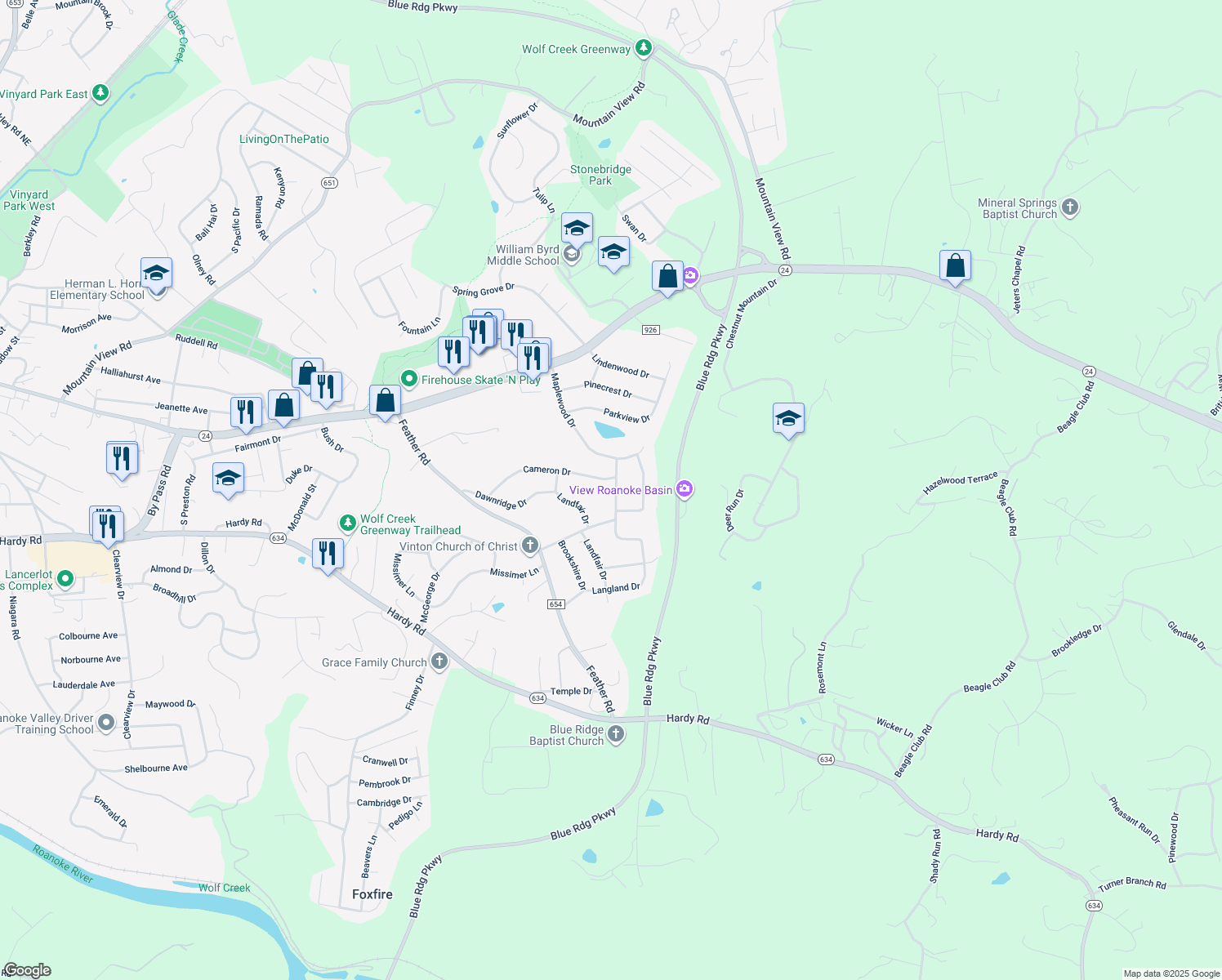 map of restaurants, bars, coffee shops, grocery stores, and more near 613 Devonshire Drive in Vinton