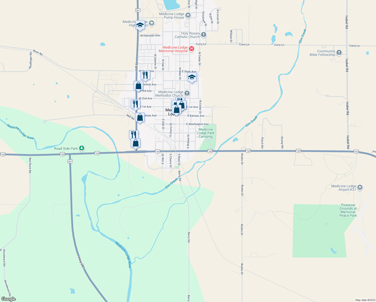 map of restaurants, bars, coffee shops, grocery stores, and more near 499 S Walnut St in Medicine Lodge