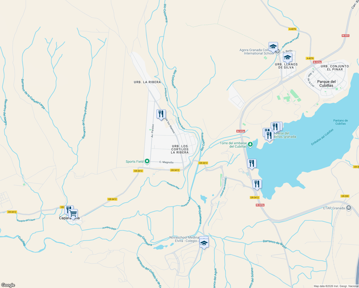 map of restaurants, bars, coffee shops, grocery stores, and more near 117P Avenida Via Lactea in Granada