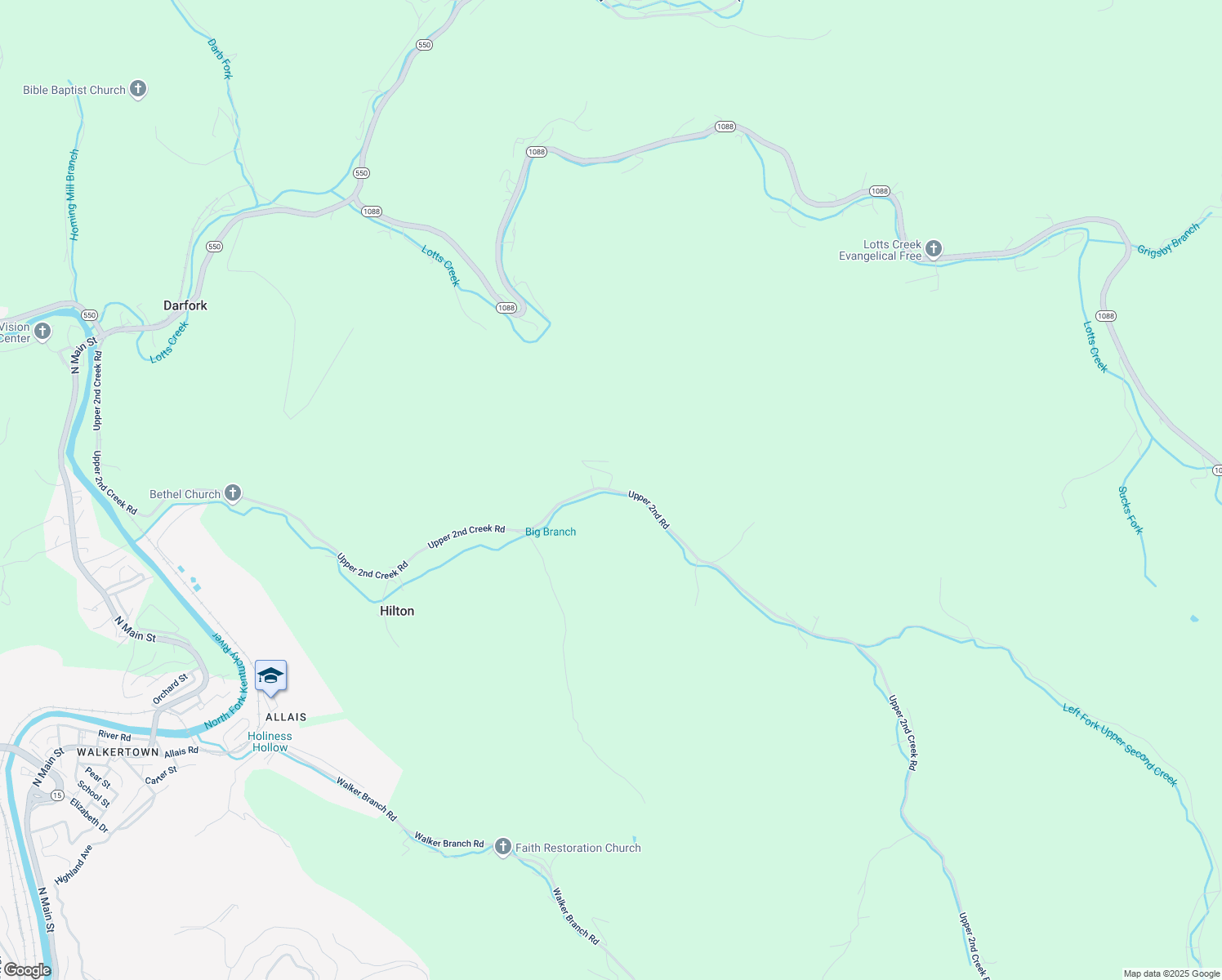 map of restaurants, bars, coffee shops, grocery stores, and more near Upper 2nd Road in Hazard