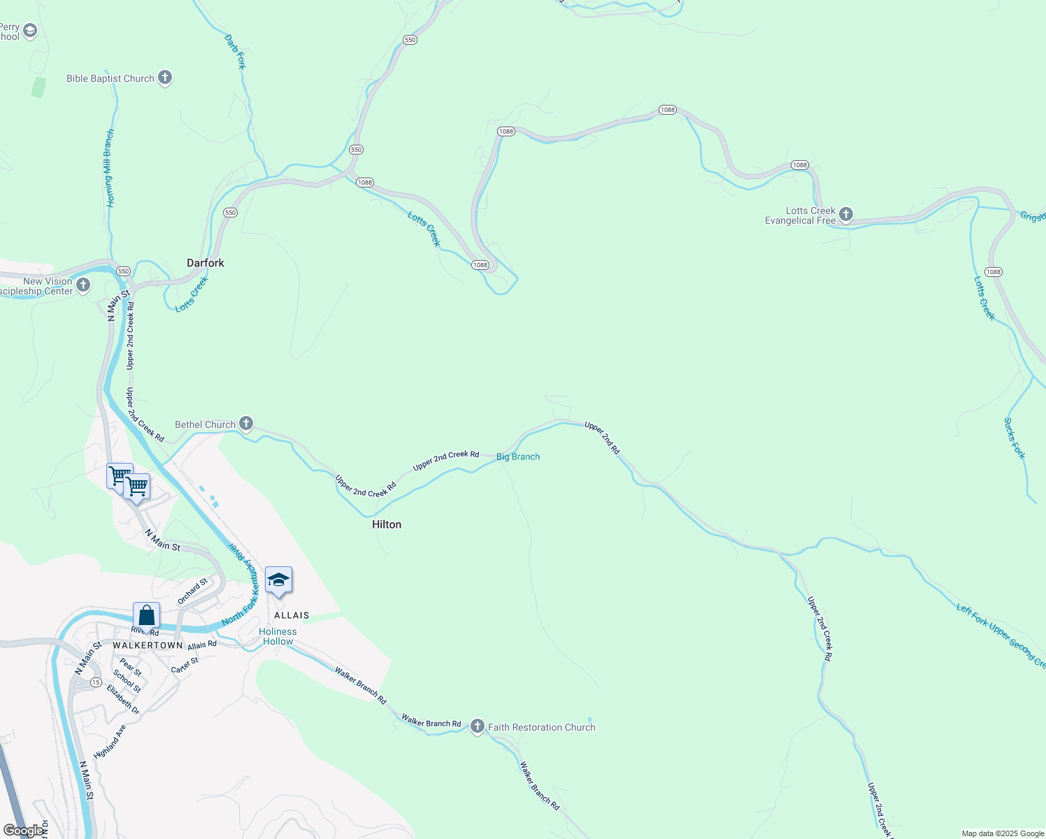 map of restaurants, bars, coffee shops, grocery stores, and more near Upper 2nd Road in Hazard