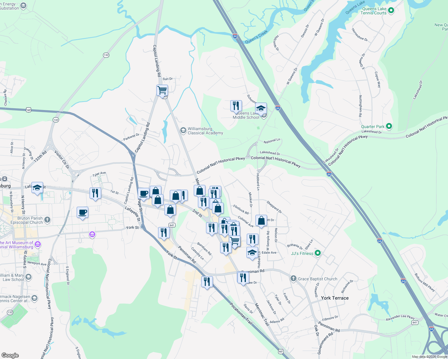 map of restaurants, bars, coffee shops, grocery stores, and more near 908 Colonial Avenue in Williamsburg