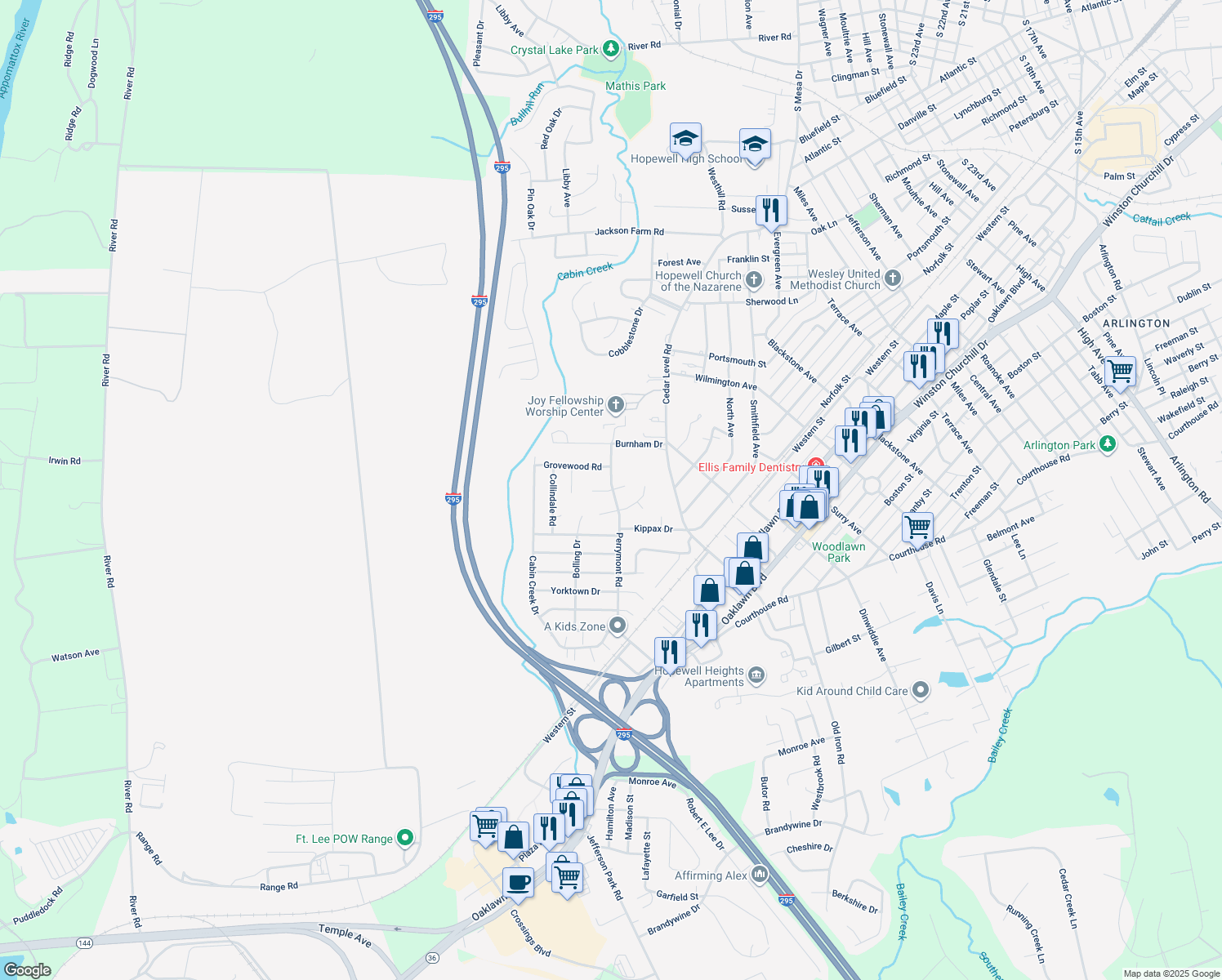 map of restaurants, bars, coffee shops, grocery stores, and more near 3907 Devenwood Avenue in Hopewell