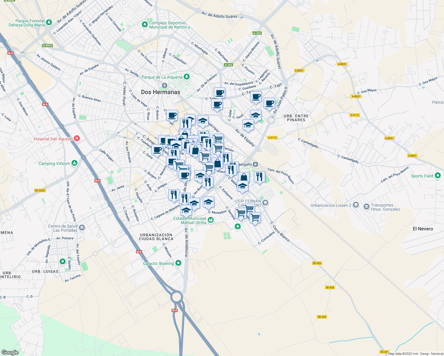 map of restaurants, bars, coffee shops, grocery stores, and more near 4 Calle Ronda in Dos Hermanas