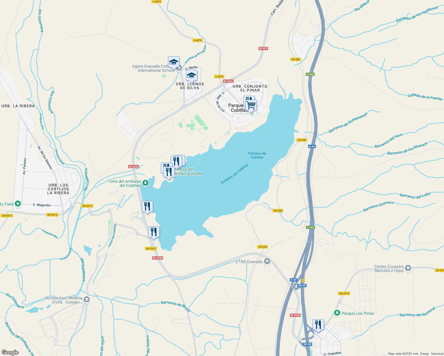 map of restaurants, bars, coffee shops, grocery stores, and more near in Granada
