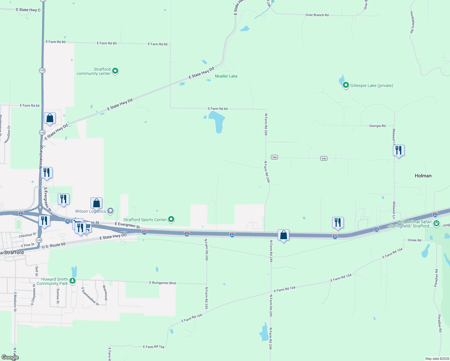 map of restaurants, bars, coffee shops, grocery stores, and more near 4502 Gillespie Lane in Strafford