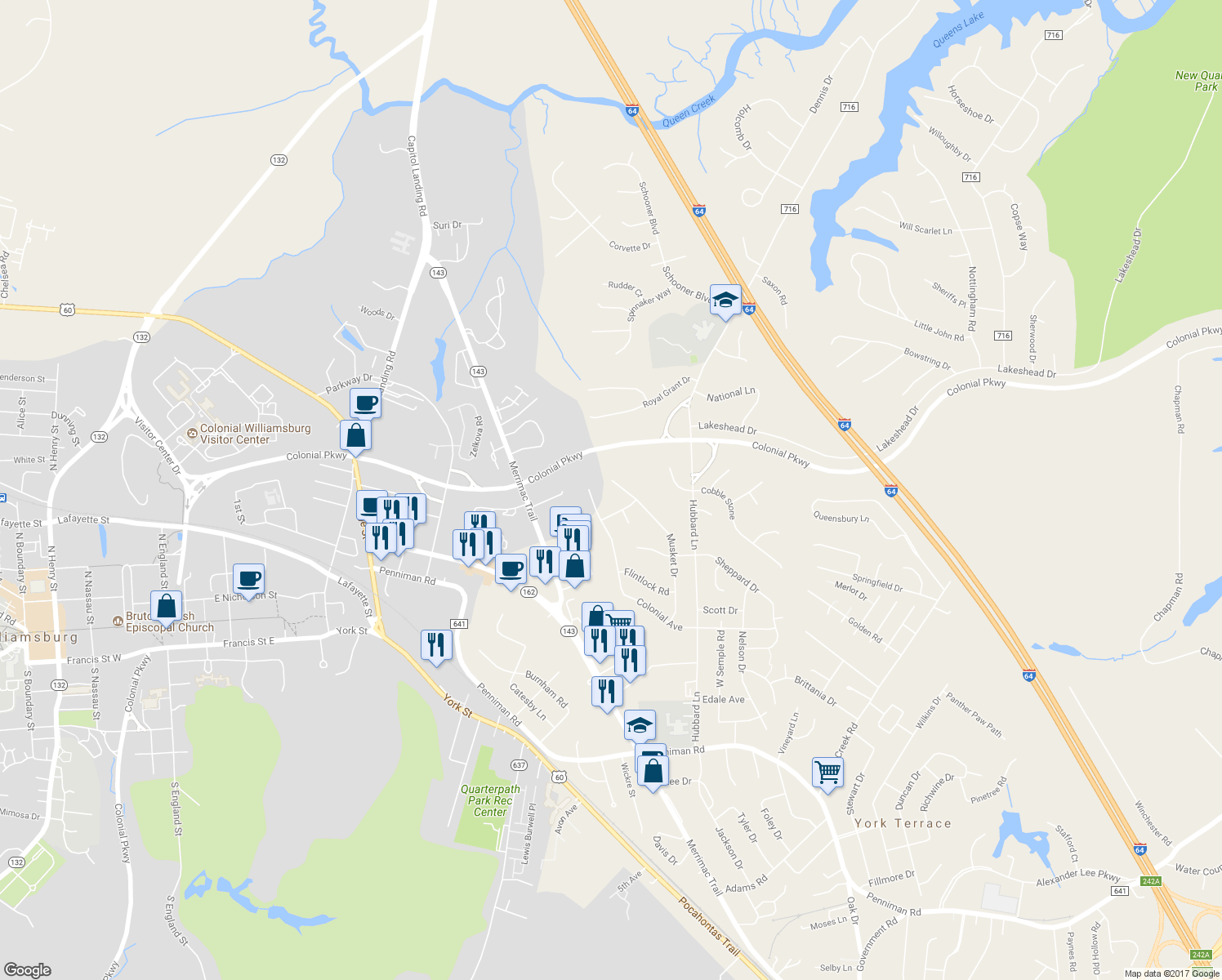 map of restaurants, bars, coffee shops, grocery stores, and more near 609 Musket Drive in Williamsburg