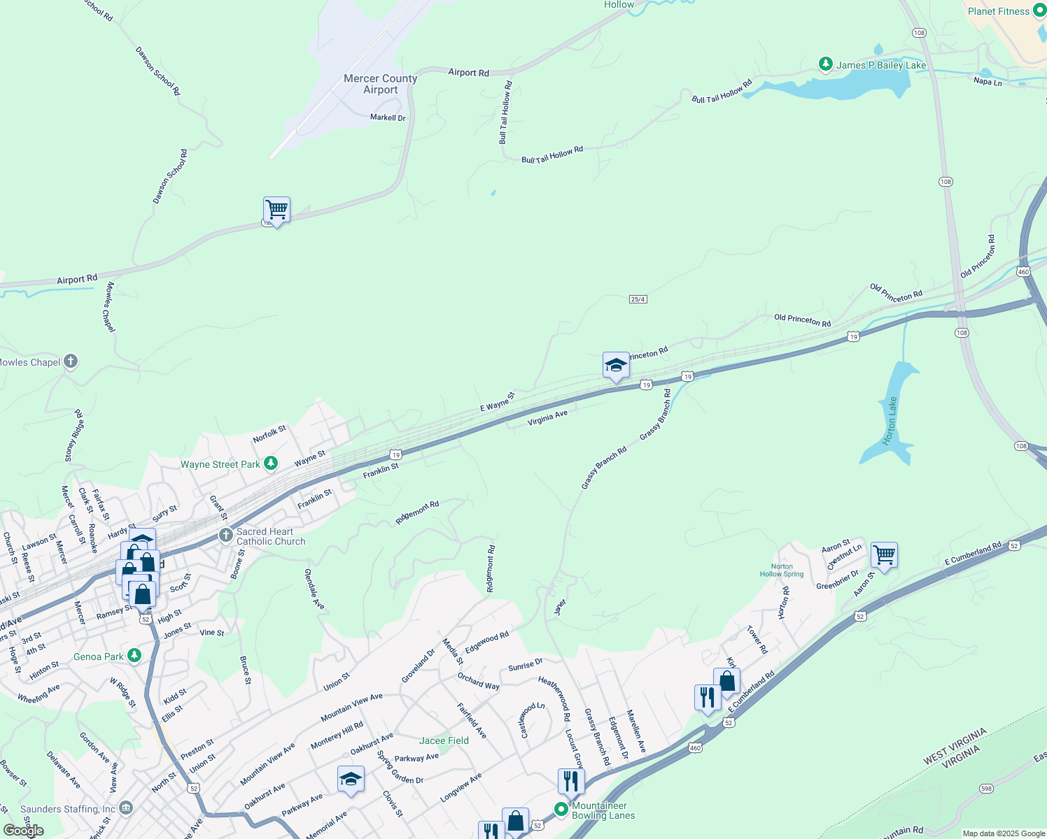 map of restaurants, bars, coffee shops, grocery stores, and more near 2222 Virginia Ave in Bluefield