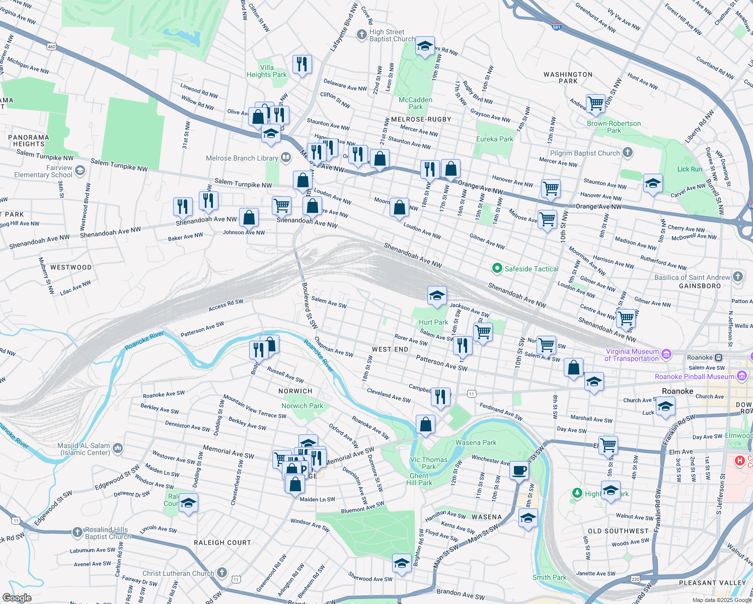 map of restaurants, bars, coffee shops, grocery stores, and more near 1822 Westview Avenue Southwest in Roanoke