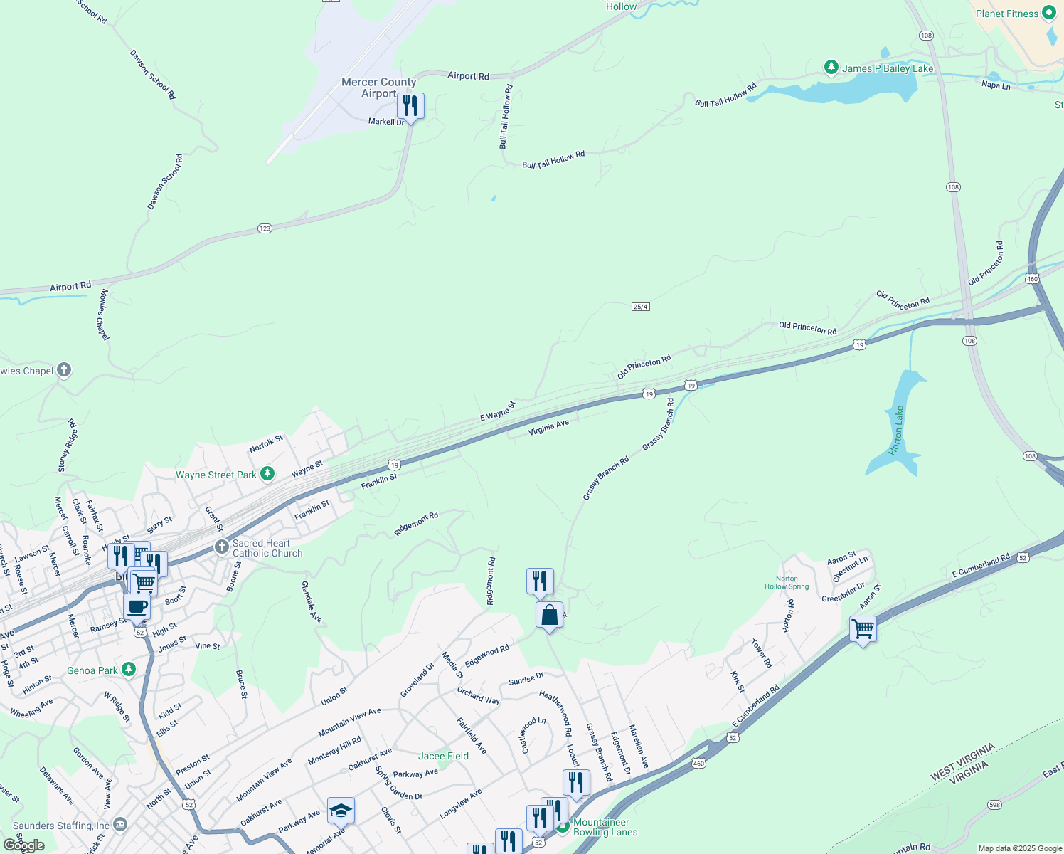 map of restaurants, bars, coffee shops, grocery stores, and more near 2222 Virginia Ave in Bluefield