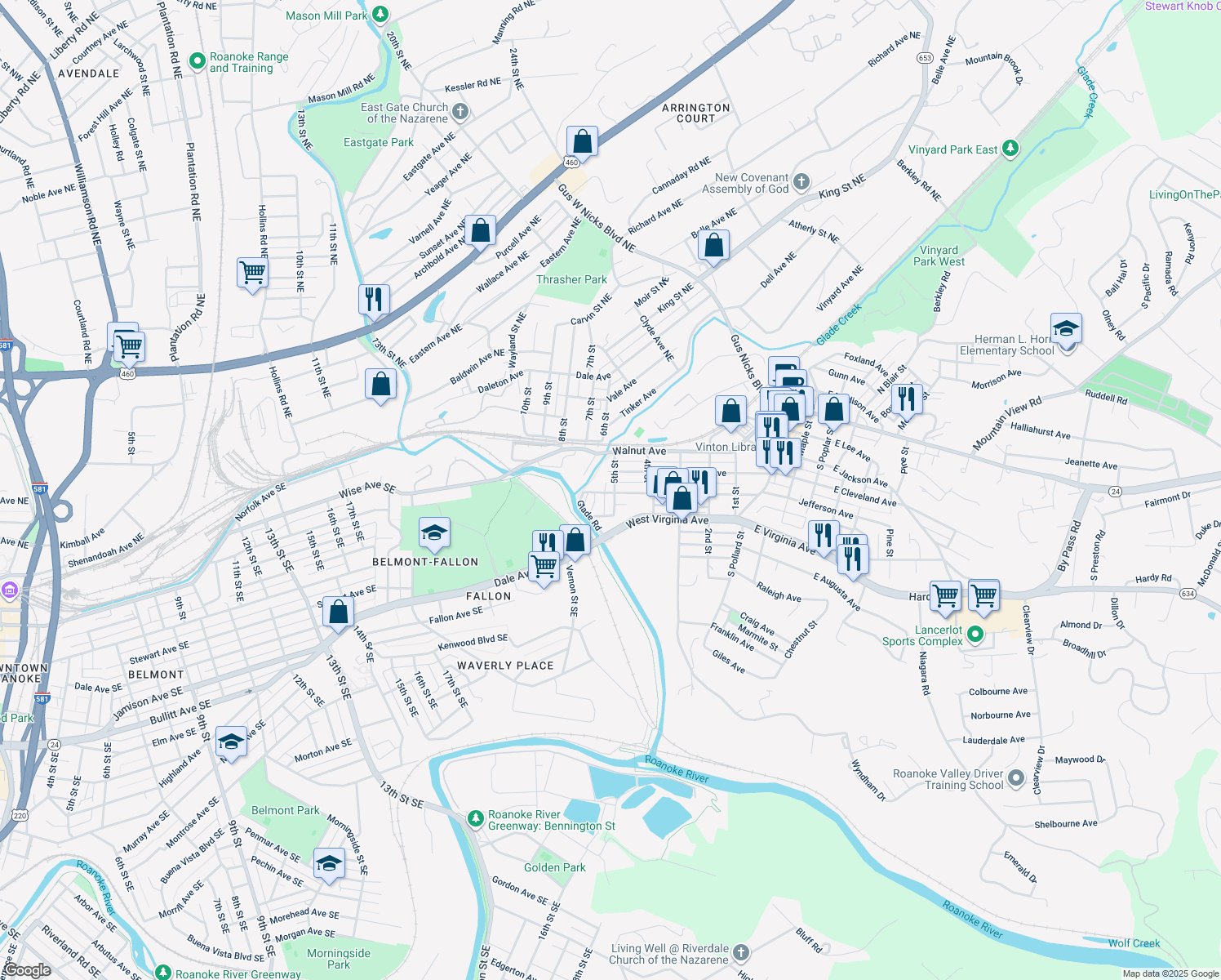 map of restaurants, bars, coffee shops, grocery stores, and more near 417 5th Street in Vinton