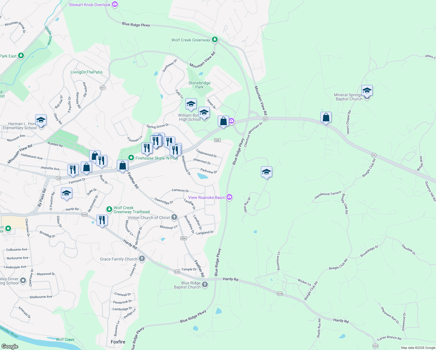 map of restaurants, bars, coffee shops, grocery stores, and more near 2673 Parkview Drive in Vinton