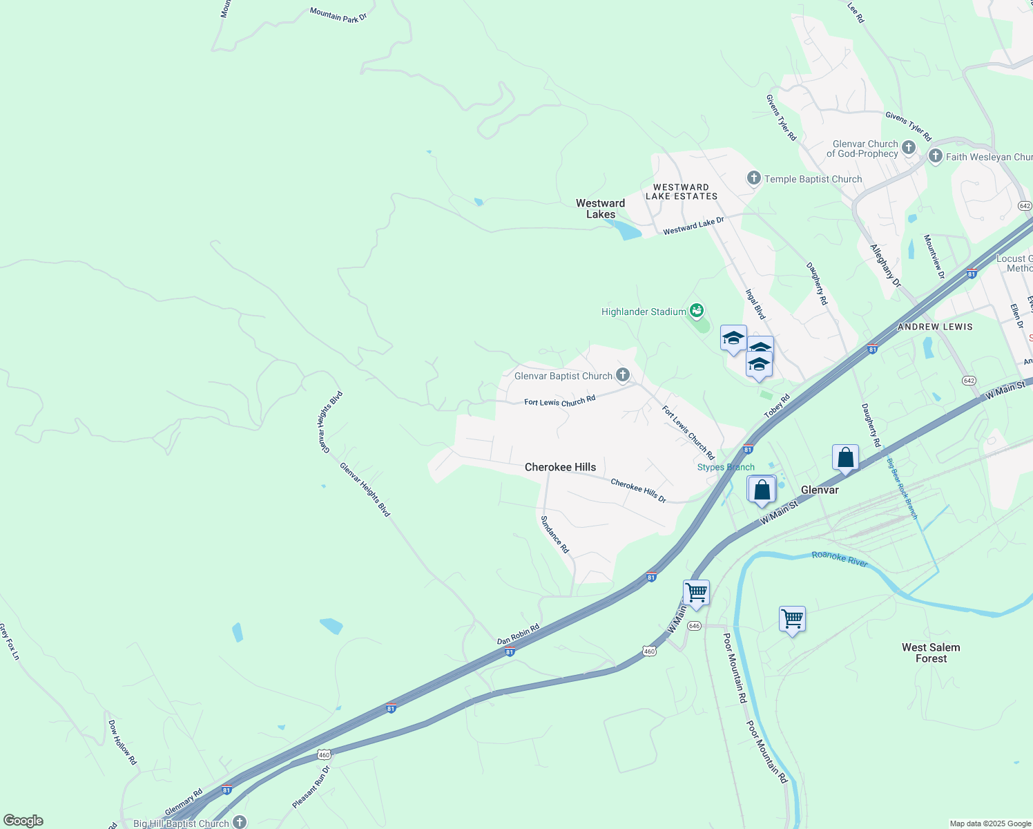 map of restaurants, bars, coffee shops, grocery stores, and more near 4988 Fort Lewis Church Road in Salem