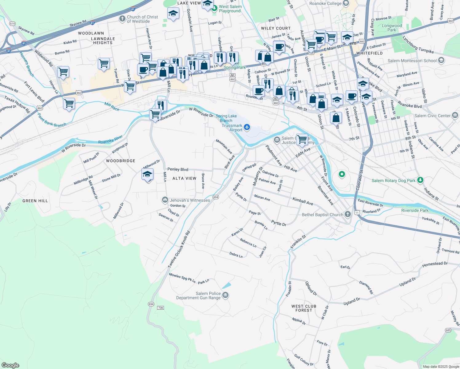 map of restaurants, bars, coffee shops, grocery stores, and more near 2130 12 Oclock Knob Road in Salem