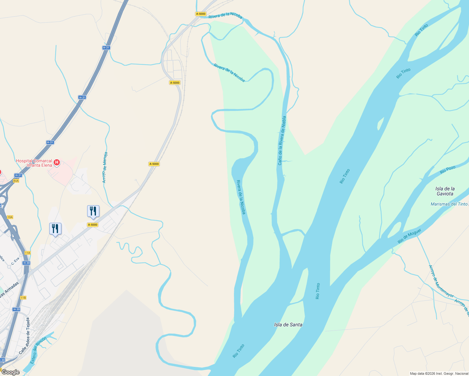 map of restaurants, bars, coffee shops, grocery stores, and more near in Huelva