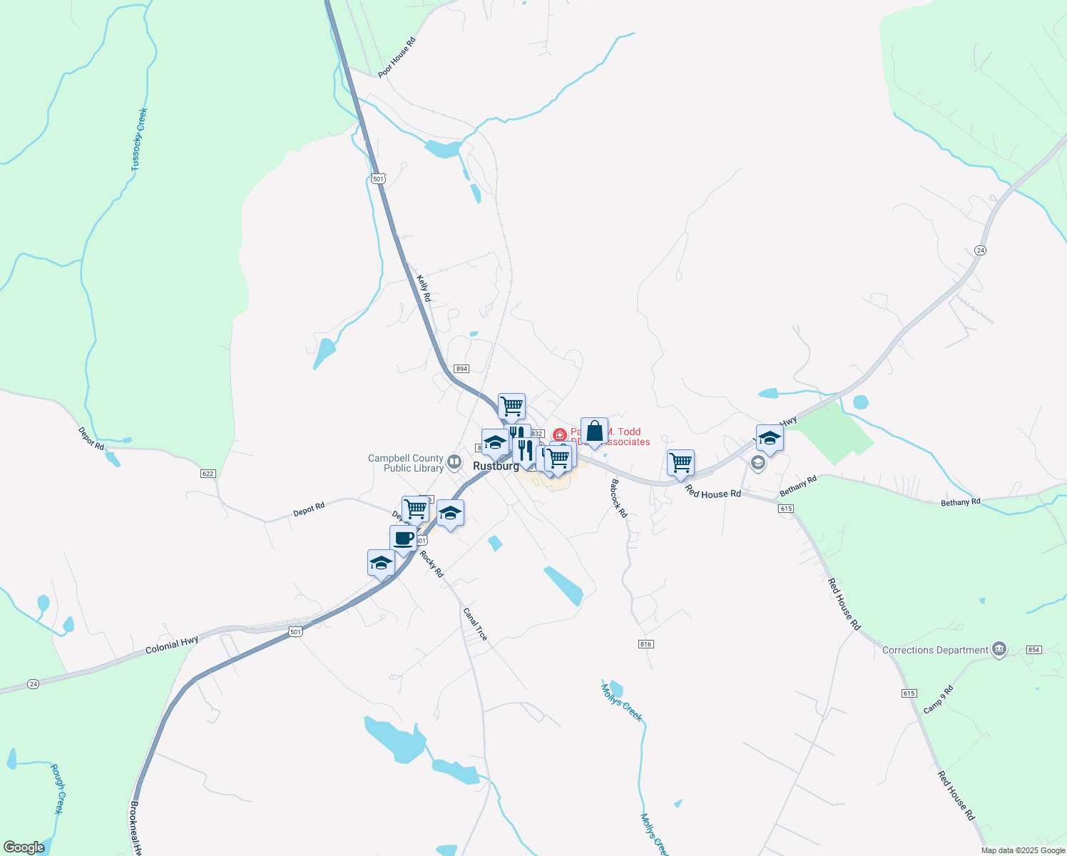 map of restaurants, bars, coffee shops, grocery stores, and more near 52 Mountain Lane in Rustburg