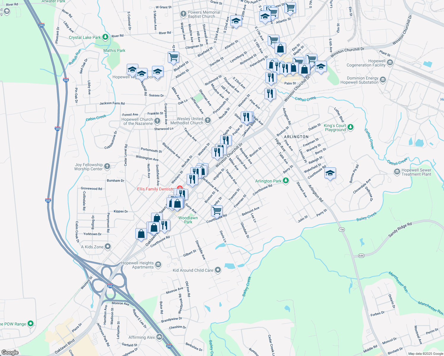 map of restaurants, bars, coffee shops, grocery stores, and more near 1108 Edgewood Boulevard in Hopewell