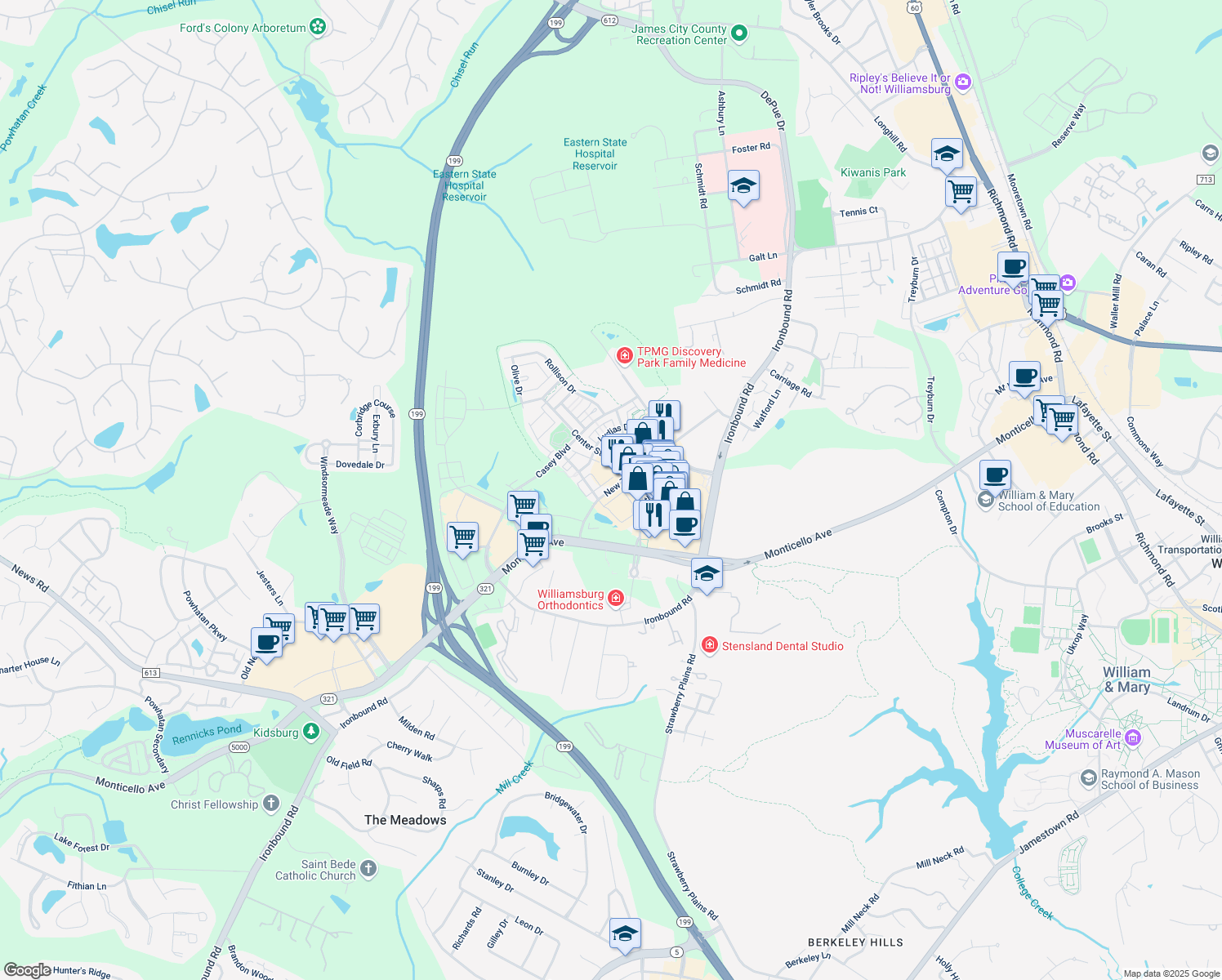 map of restaurants, bars, coffee shops, grocery stores, and more near 4214 New Town Avenue in Williamsburg