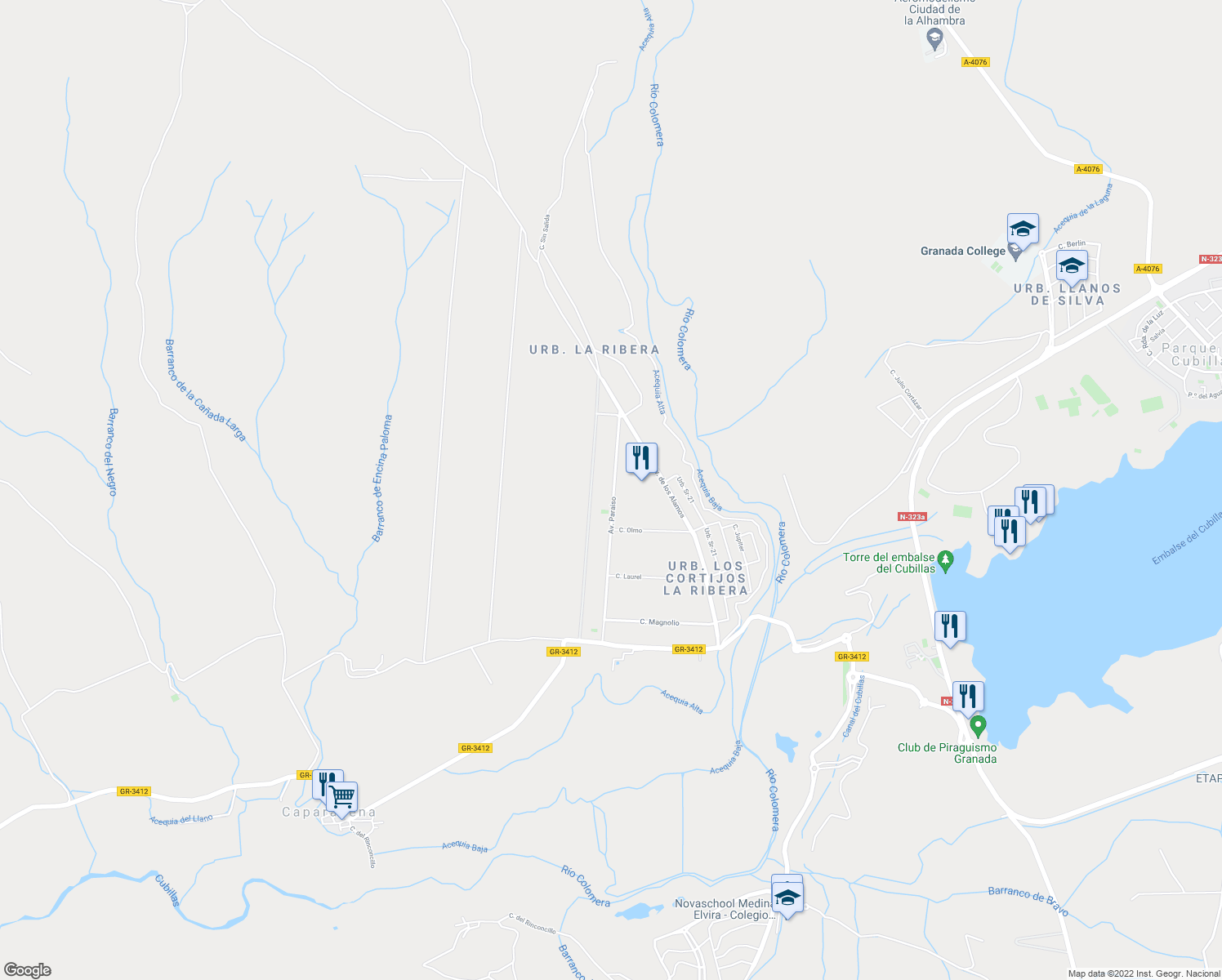 map of restaurants, bars, coffee shops, grocery stores, and more near 28 Avenida Paraiso in Atarfe