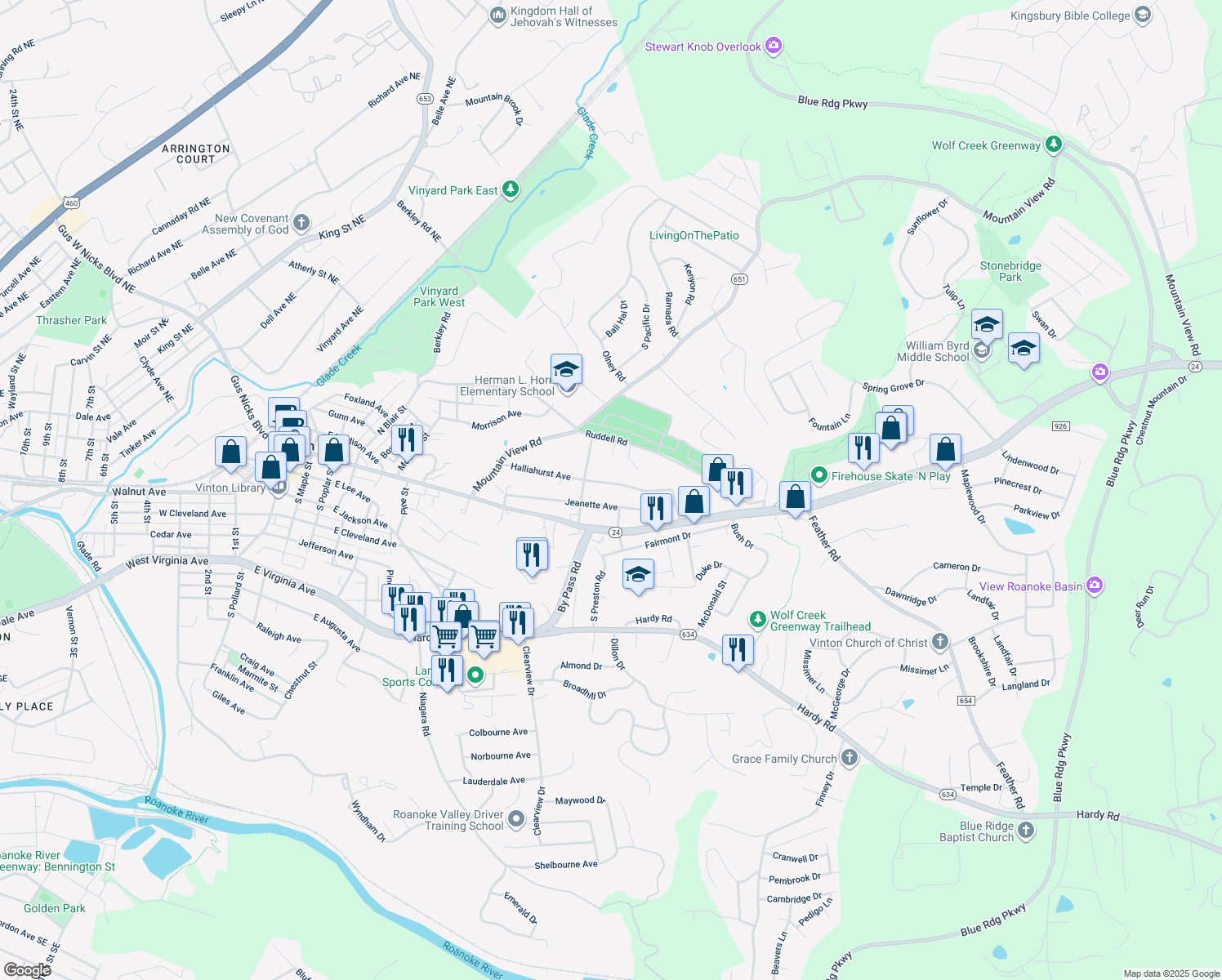 map of restaurants, bars, coffee shops, grocery stores, and more near 1117 Halliahurst Avenue in Vinton