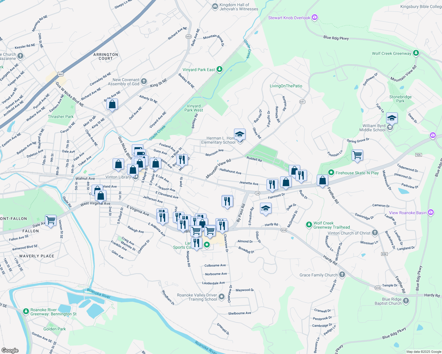 map of restaurants, bars, coffee shops, grocery stores, and more near 1006 Jeanette Avenue in Vinton