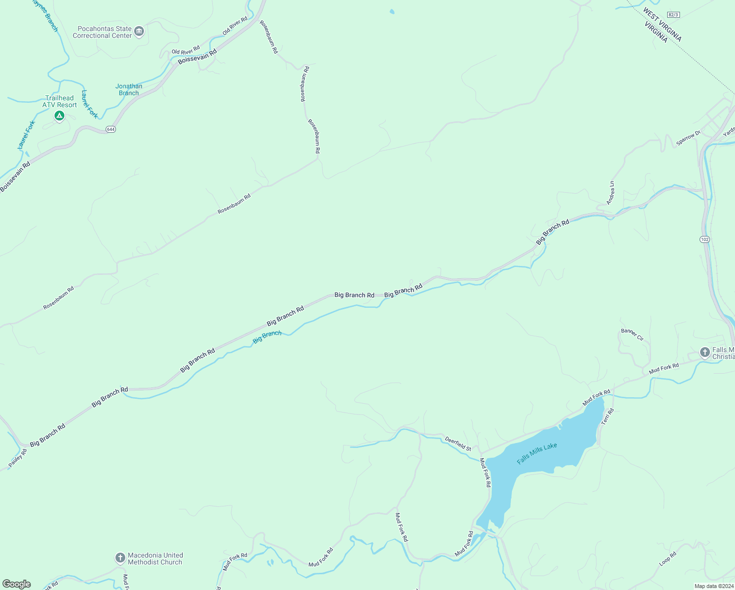 map of restaurants, bars, coffee shops, grocery stores, and more near Big Branch Road in Bluefield