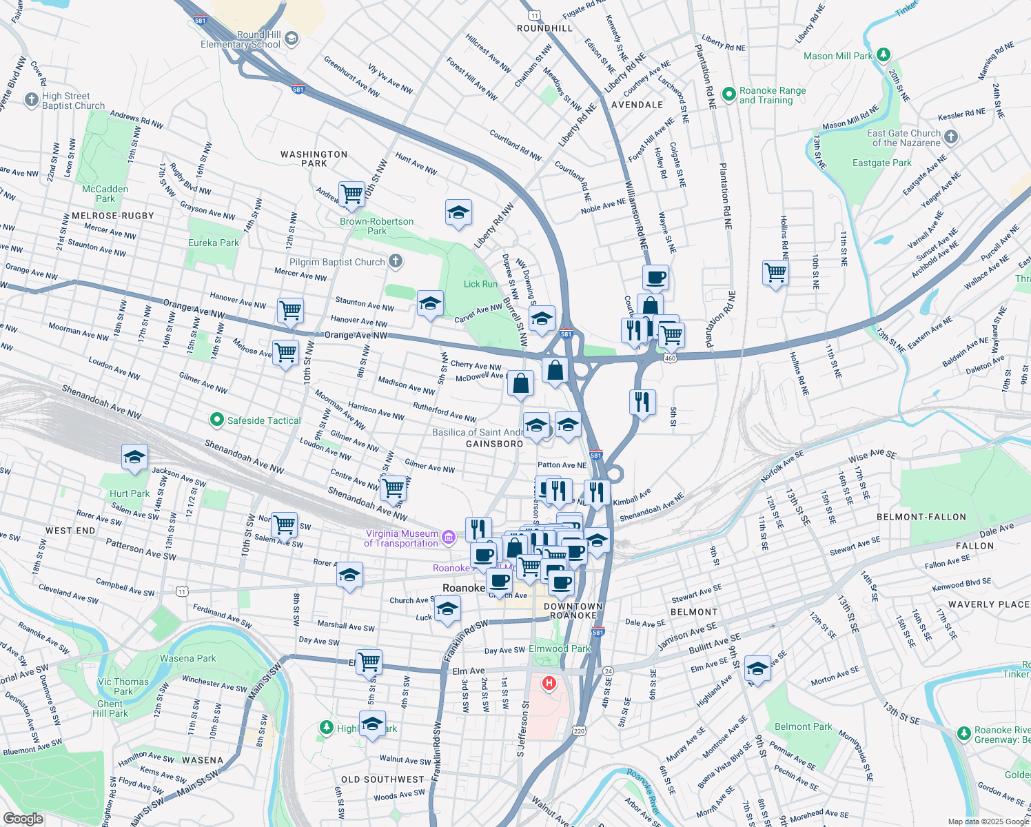 map of restaurants, bars, coffee shops, grocery stores, and more near 204 Madison Avenue Northwest in Roanoke