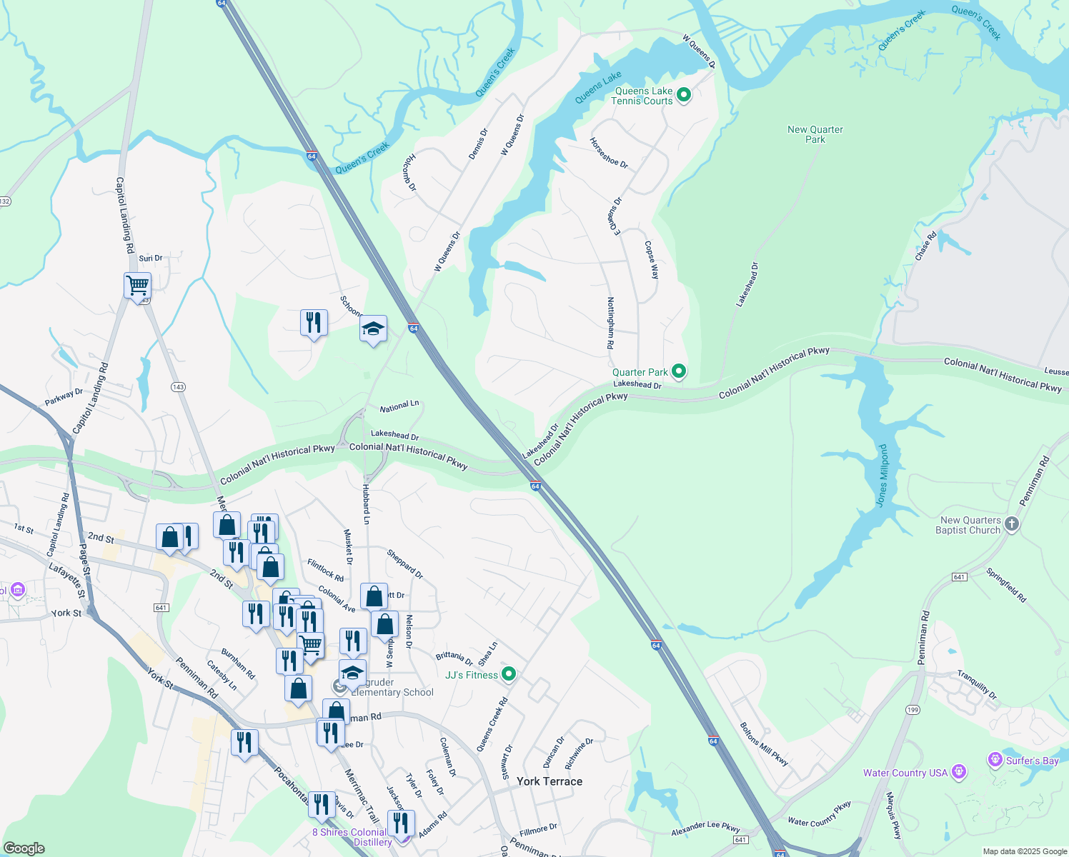 map of restaurants, bars, coffee shops, grocery stores, and more near 513 Lakeshead Dr in Williamsburg