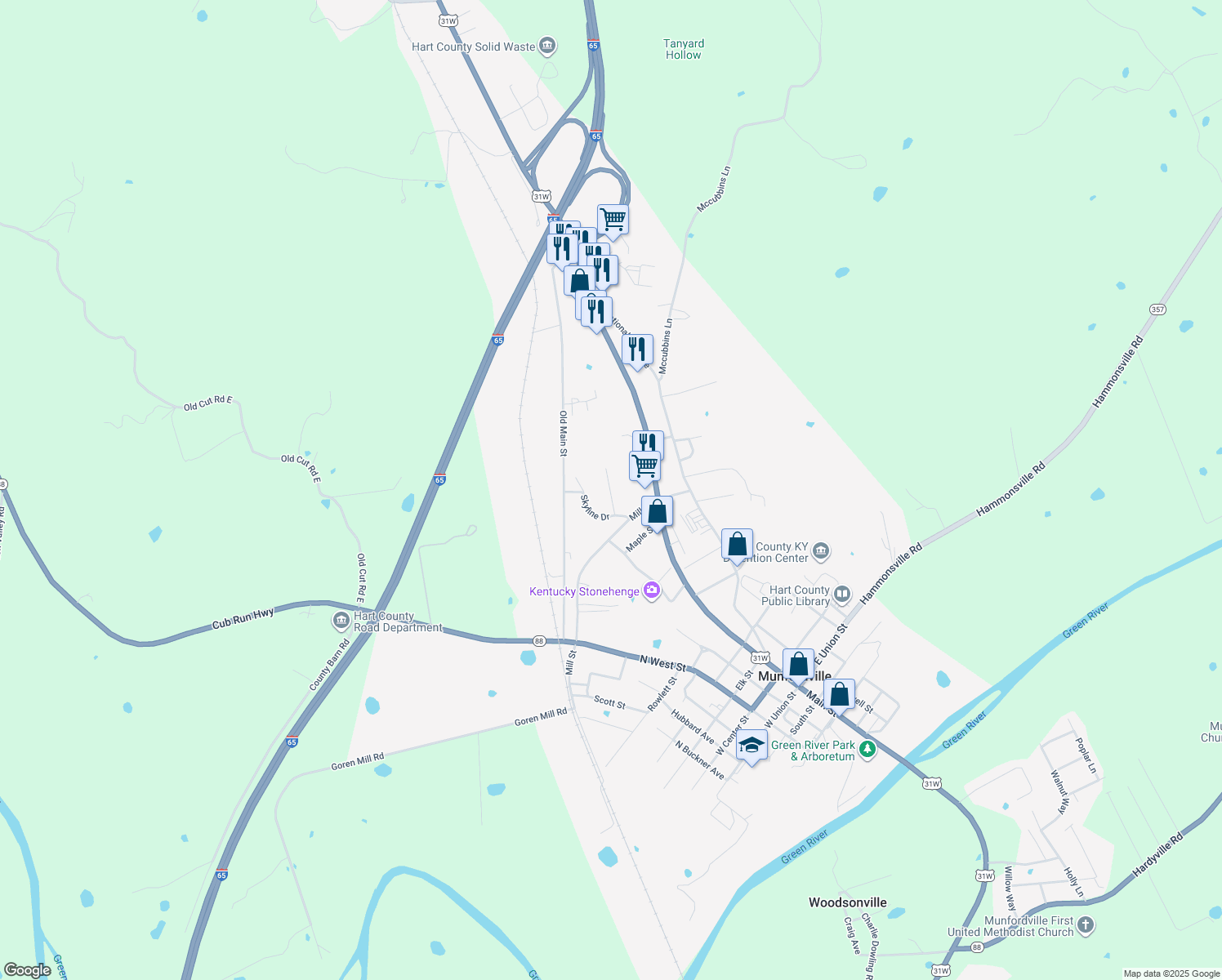 map of restaurants, bars, coffee shops, grocery stores, and more near 100-160 Hunting Trail in Munfordville
