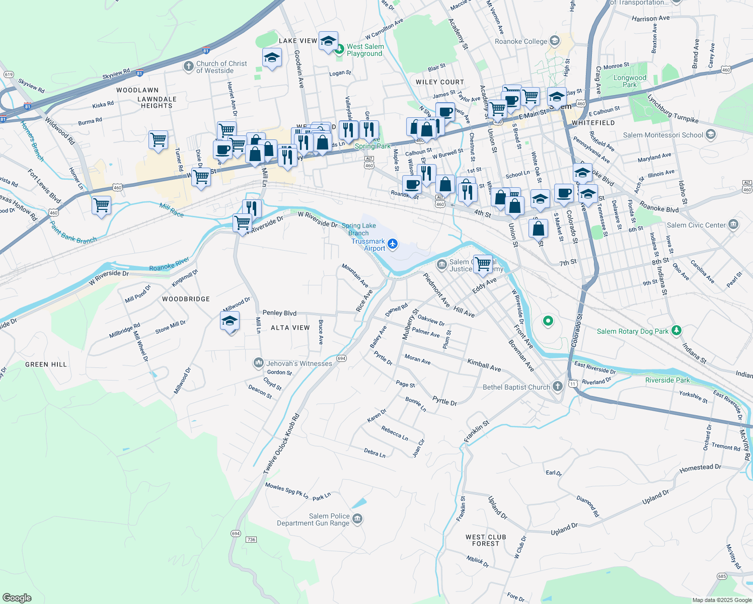 map of restaurants, bars, coffee shops, grocery stores, and more near 1955 12 Oclock Knob Road in Salem