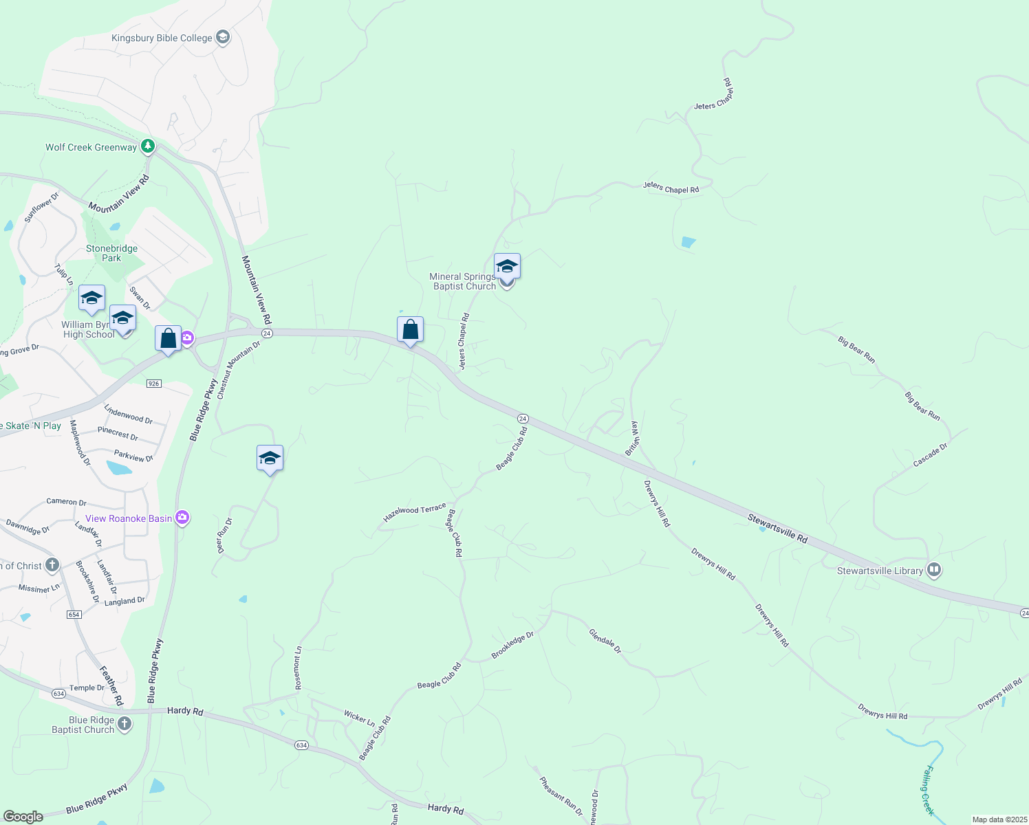 map of restaurants, bars, coffee shops, grocery stores, and more near 17341 Stewartsville Road in Vinton