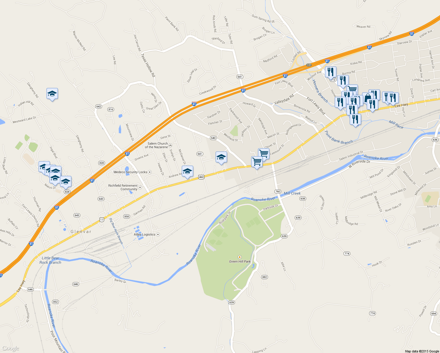 map of restaurants, bars, coffee shops, grocery stores, and more near 3130 W Main St in Salem