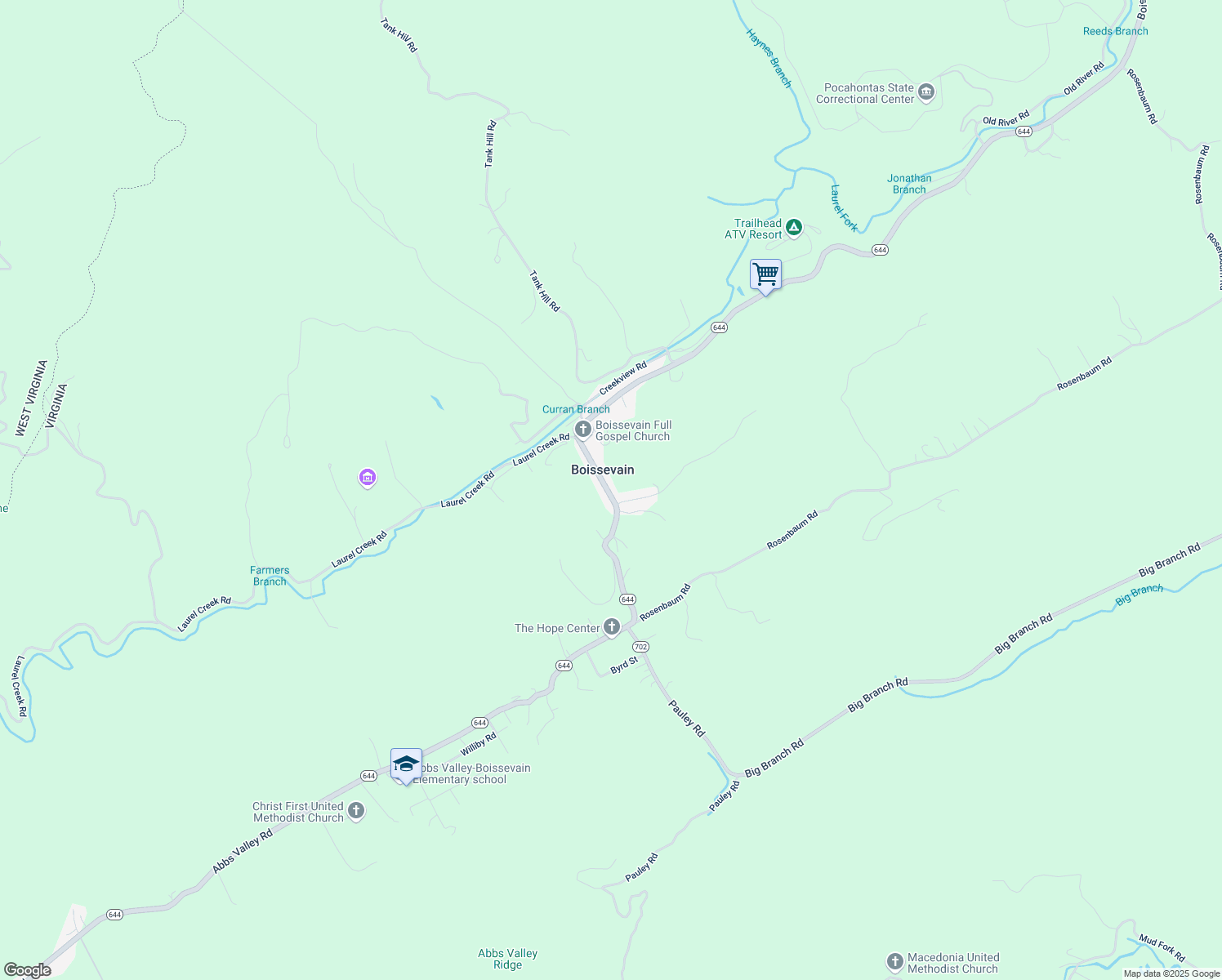 map of restaurants, bars, coffee shops, grocery stores, and more near 492 Boissevain Road in Bluefield