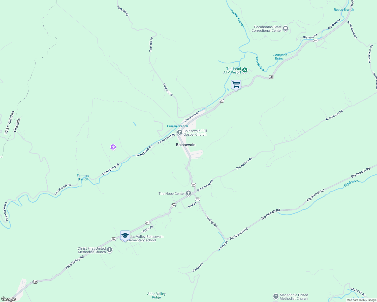 map of restaurants, bars, coffee shops, grocery stores, and more near 492 Boissevain Road in Bluefield