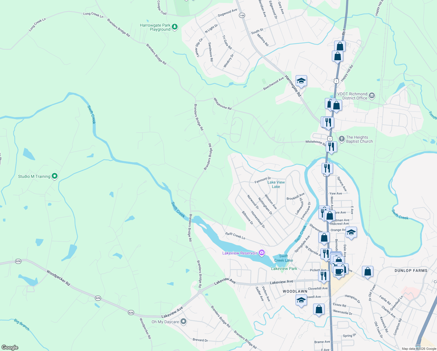 map of restaurants, bars, coffee shops, grocery stores, and more near 3637 Laura Rd in Colonial Heights