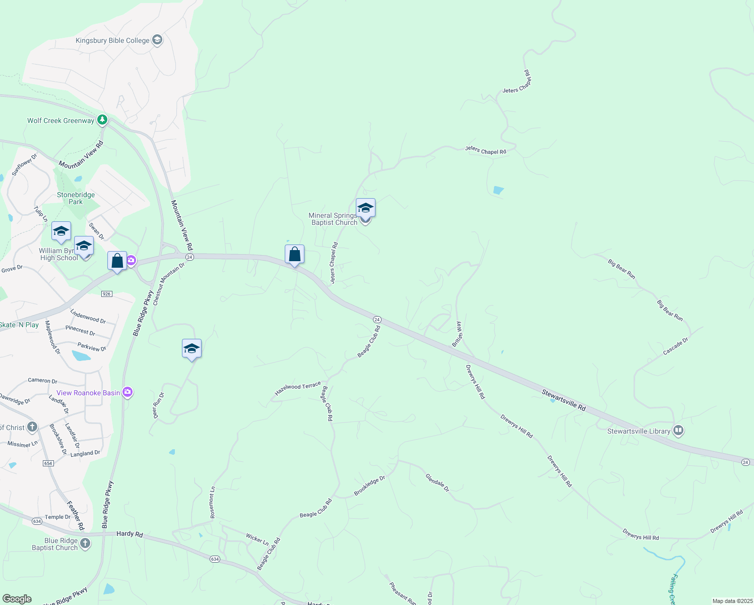 map of restaurants, bars, coffee shops, grocery stores, and more near 17341-17579 Stewartsville Road in Vinton
