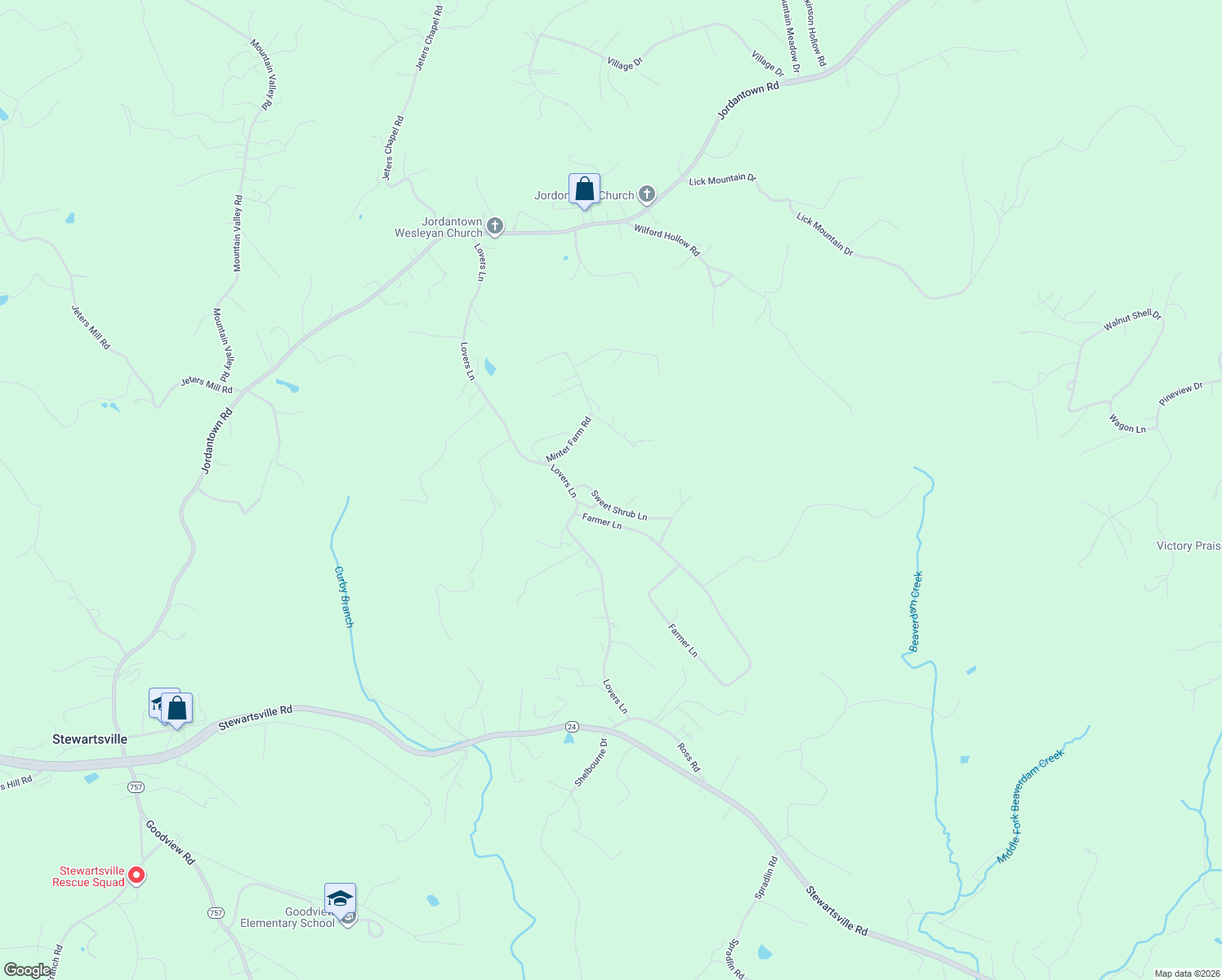 map of restaurants, bars, coffee shops, grocery stores, and more near 114 Sweet Shrub Lane in Vinton