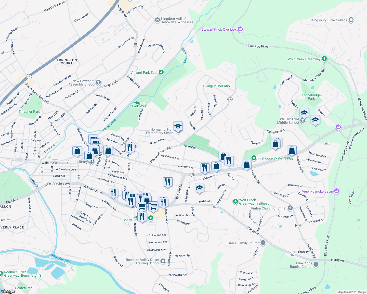 map of restaurants, bars, coffee shops, grocery stores, and more near 316 North Preston Road in Vinton