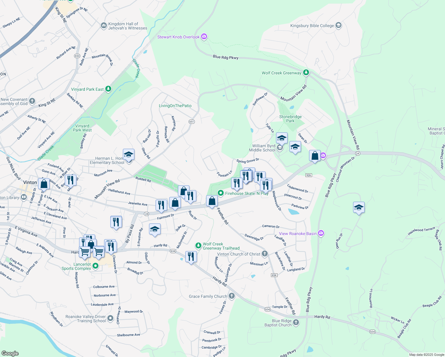 map of restaurants, bars, coffee shops, grocery stores, and more near 2536 Fountain Lane in Vinton