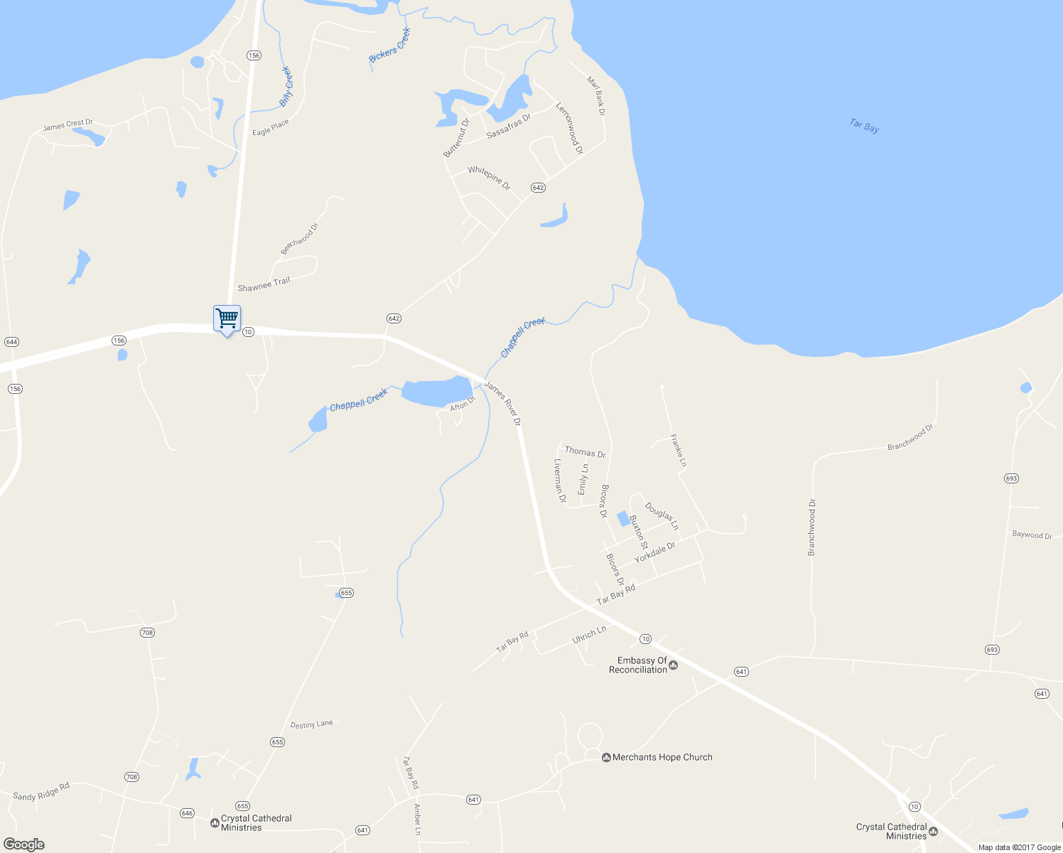 map of restaurants, bars, coffee shops, grocery stores, and more near 11104 James River Drive in Hopewell