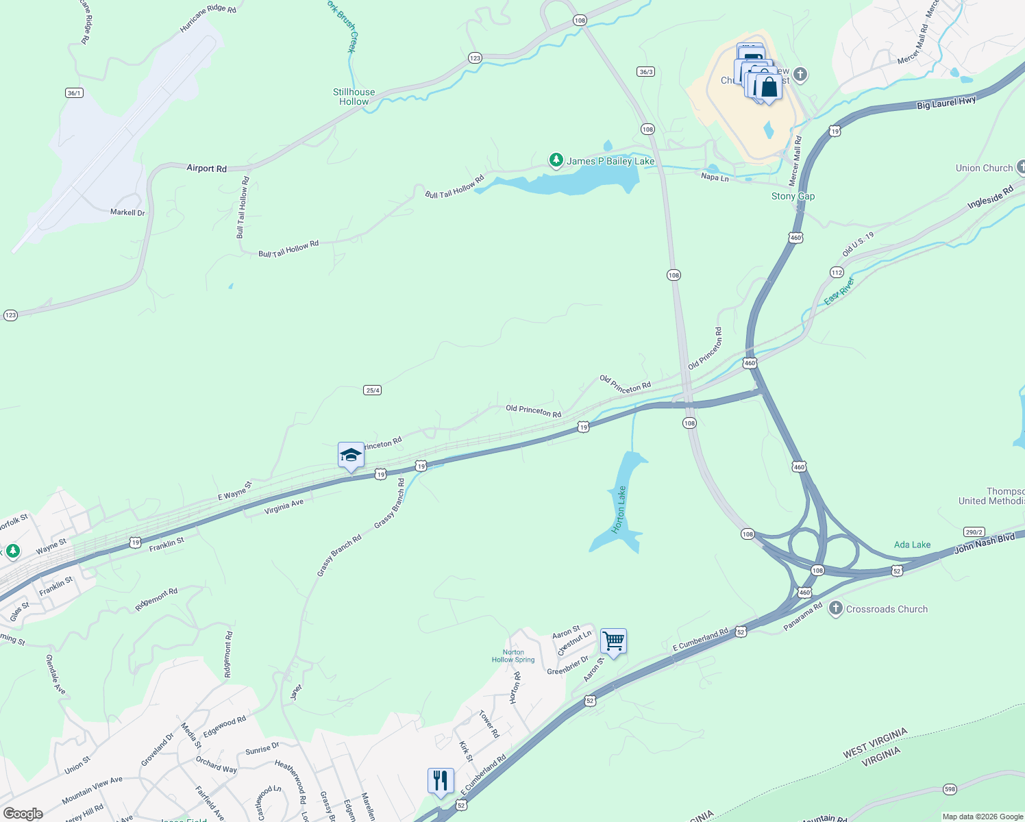 map of restaurants, bars, coffee shops, grocery stores, and more near Old Princeton Road in Bluefield