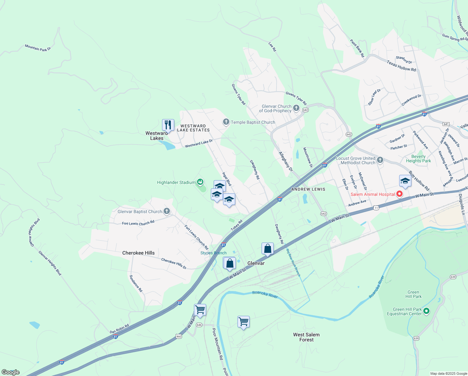 map of restaurants, bars, coffee shops, grocery stores, and more near 381 Ingal Boulevard in Salem
