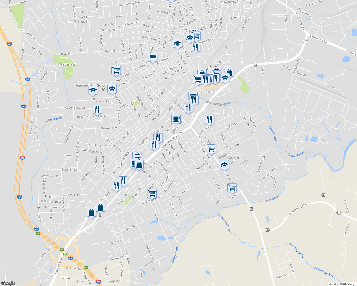 map of restaurants, bars, coffee shops, grocery stores, and more near 2806 Virginia Street in Hopewell